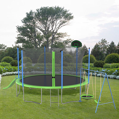 Trampoline 12 pi avec glissoire et balançoires, grand trampoline récréatif avec panier de basketball et échelle, trampoline de jardin extérieur avec filet, capacité pour les enfants et les adultes