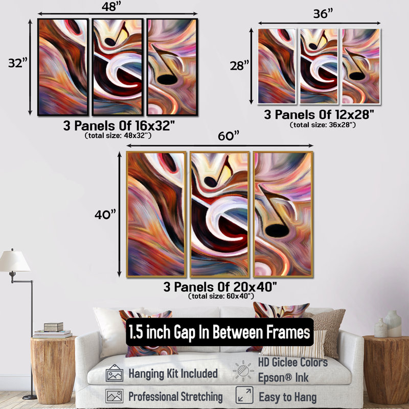 «Treble Clef», ensemble de 3 impressions sur toile, H 28 po x l 36 po, «Silver Floater», reproduction encadrée