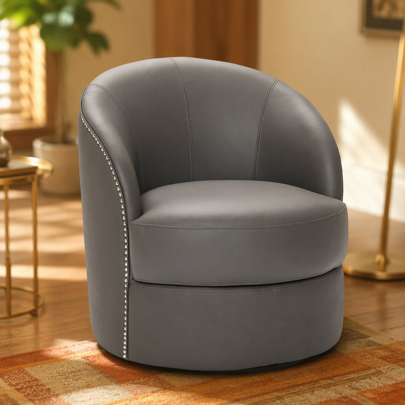 Fauteuil d'appoint pivotant en cuir gris à grain supérieur, pivotant à 360 ° et fauteuil Mid-Century moderne pour salon / bureau