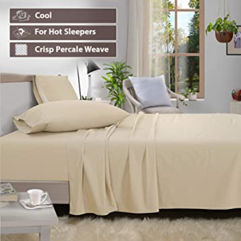 Ensemble de draps en 100 % percale de coton à densité de tissage de 300 fils, Drap-housse pour lit simple TG, Ivoire