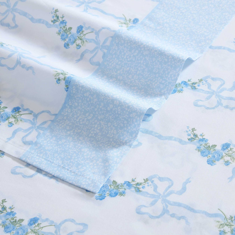 Laura Ashley Harperette Cotton Printed Hem Full Sheet Set, Twin Sheet Set + 1 Fitted Sheet + 1 Pillowcase, Blue Floral