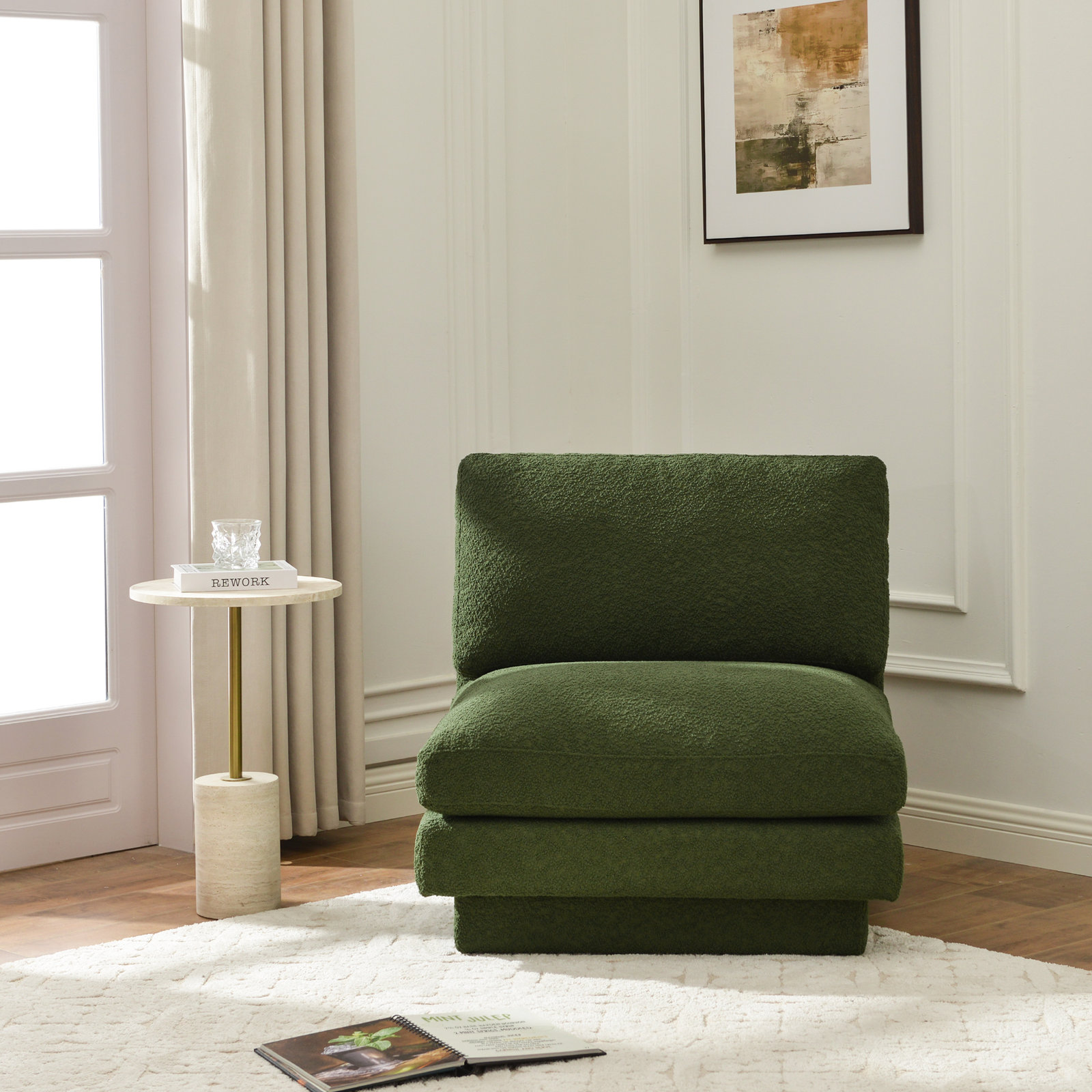 Woolf Slipper Chair, Green Boucle