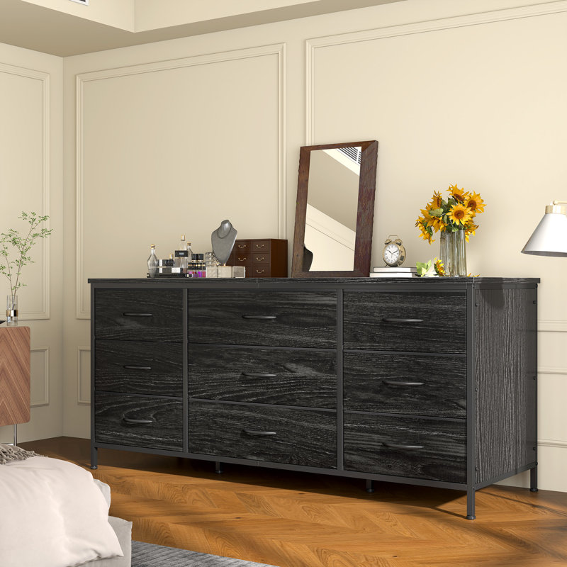 Commode télé avec commode 9 tiroirs pour chambre à coucher, commode en tissu large, Noir