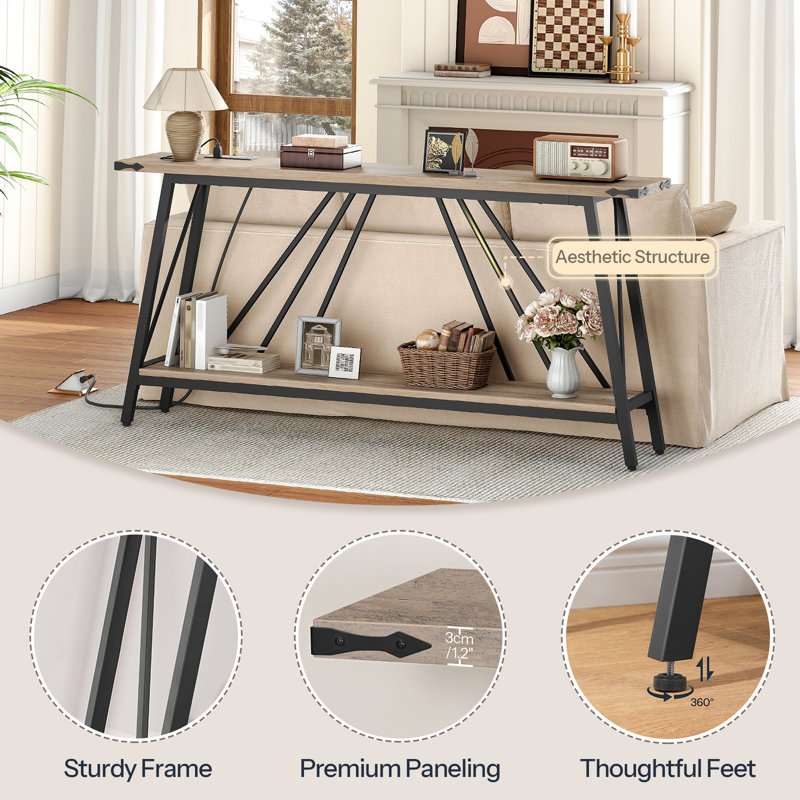 Durdham Narrow Console Table with Charging Station, 31.5" H x 70.9" W x 11.8" D, Gray