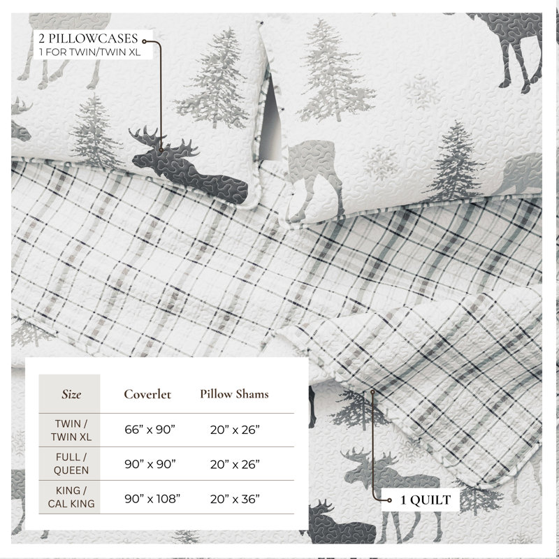 Ensemble de courtepointe réversible avec taies décoratives Moose, Courtepointe pour lit simple / simple TG et 1 taie, Gris