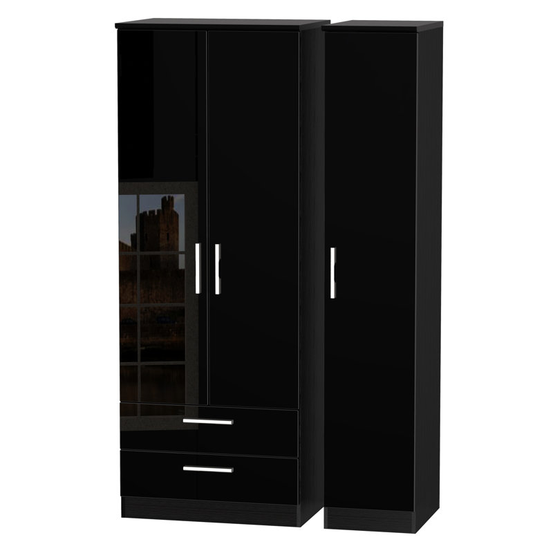 Yvette 3 Door Manufactured Wood Wardrobe, Black, 197 cm H x 111 cm W x 53 cm D