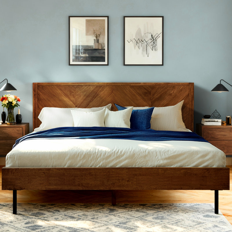  Solid Wood Bed Frame with Headboard, Platform Bed 800lbs Capacity, Compatible with All Mattress Types, Scandinavian Signature, No Box Spring Needed