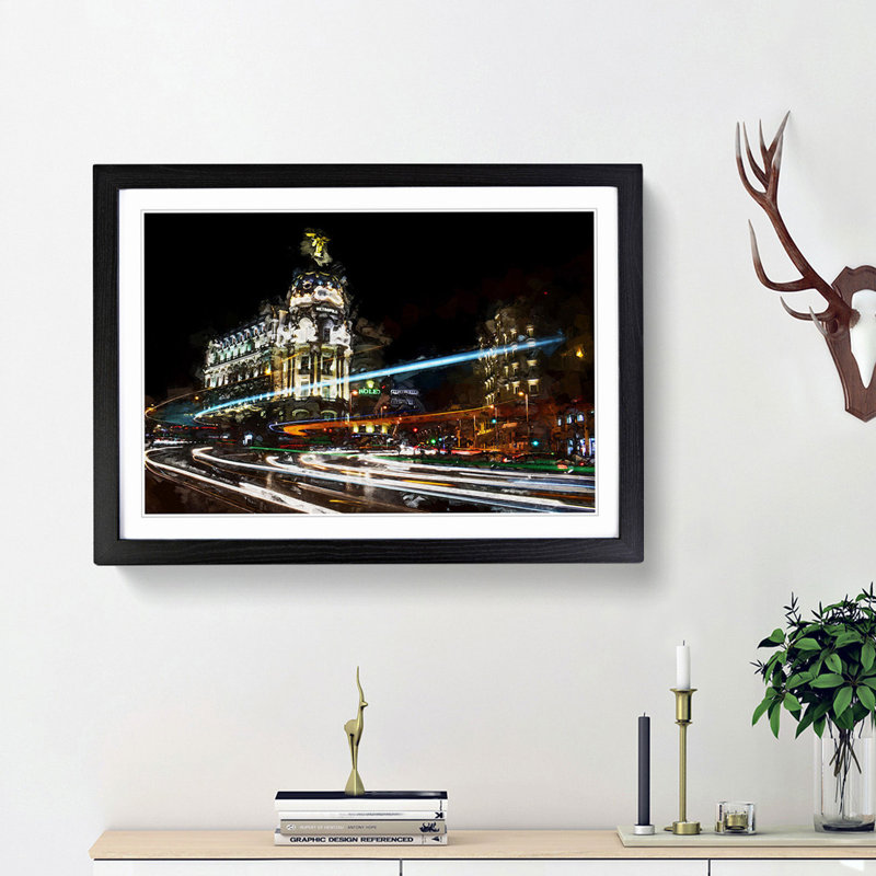 Nigh time in Madrid Spain in Abstract - Picture Frame Graphic Art Print, 27cm H x 36cm W x 2cm D, Black Framed