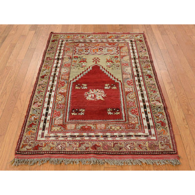 3'5" x 5'0" Vintage Hand Knotted Red Wool Rectangle Oriental Rug - MOA10278203