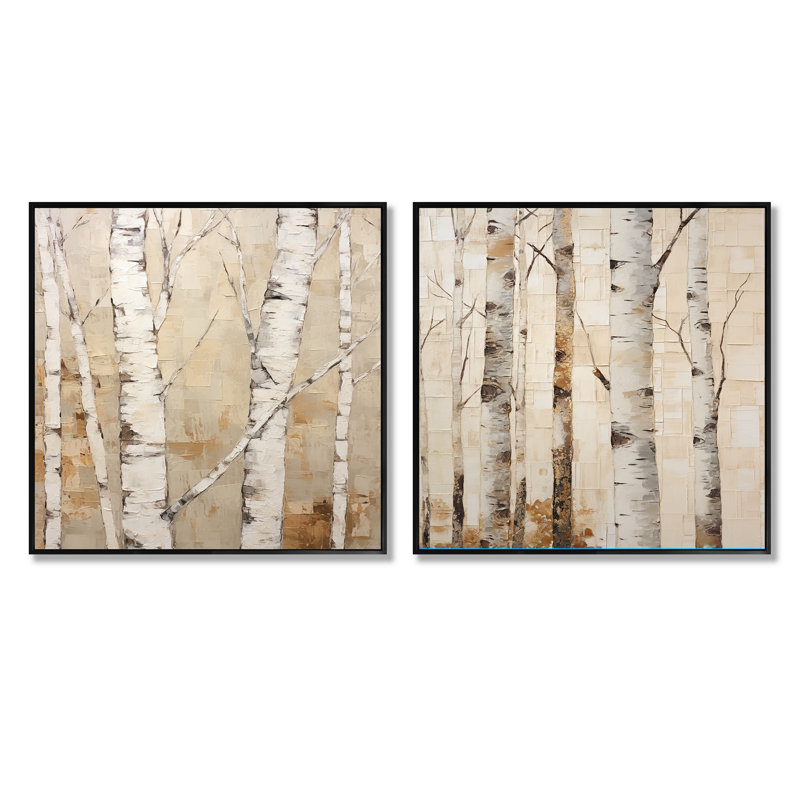 Beige minimalisme arbre bouleau IV - ensemble de 2 boules carrées, Cadre flottant noir, H 30 po x l 61 po