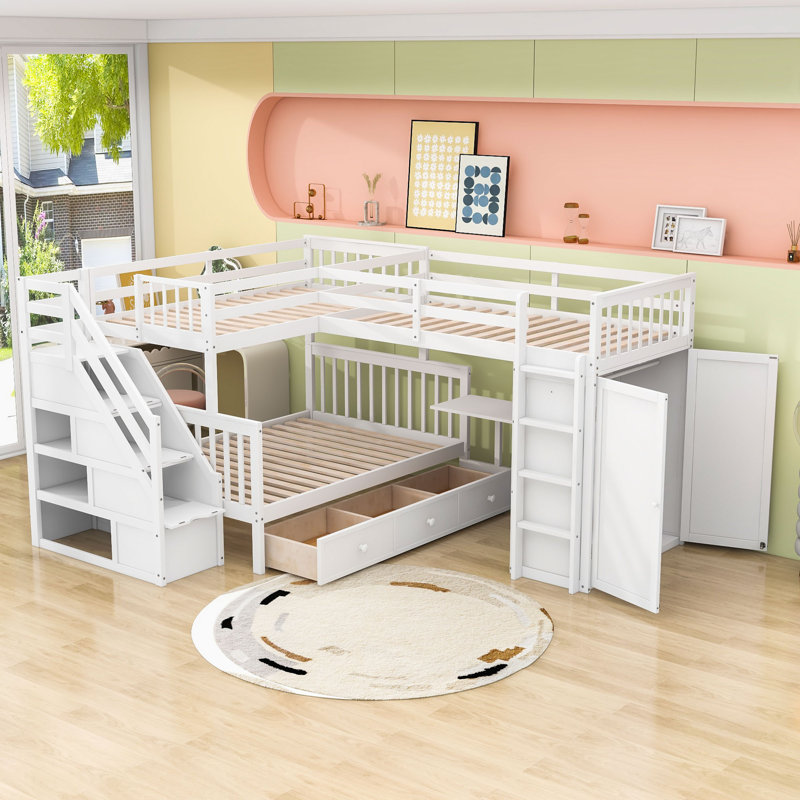 Lit superposé simple au dessus d'un lit double avec rangement pour escalier et bureau rétractable, Blanc