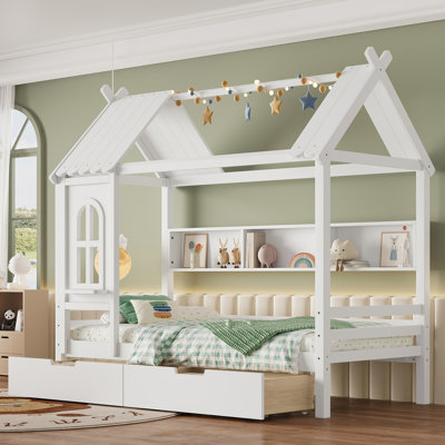 Atallah Modern Wooded House Platform Bed with Storage Drawers, Shelves & Window Design