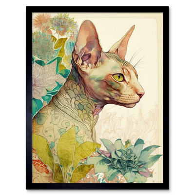 Sphynx Cat With Floral Tattoo In Flower Blooms Colourful Modern Watercolour - Single Picture Frame Print