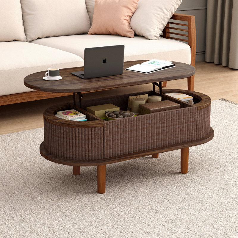 Table basse à plateau relevable moderne avec design cannelé et rangement caché, Noyer