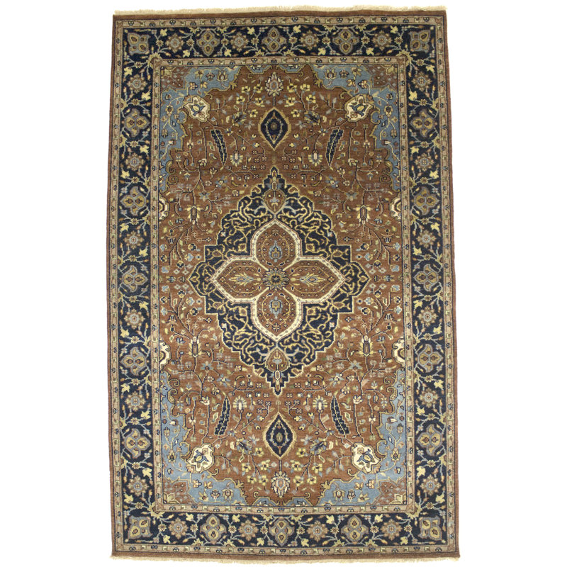 Tapis traditionnel traditionnel Indo Heriz Serapi en rouille / bleu marine / vert, Rectangle 4 pi 11 po x 7 pi 11 po