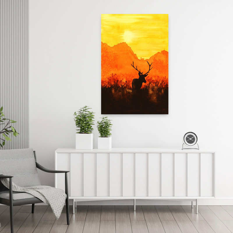 Cerf rouge dans le soleil du soir, art animalier abstrait audacieux, H 36 po x l 24 po