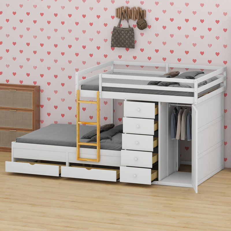 Lit superposé peu encombrant avec grands et petits tiroirs de rangement et garde-robe intégrée, Blanc