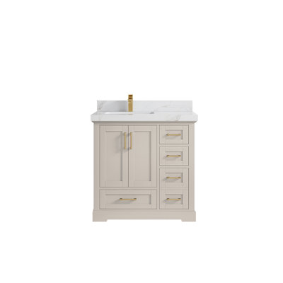 Boston 36 In. W X 22 In. D Left Offset Sink Bathroom Vanity In Fine Grain With 2 In. Calacatta Laza Quartz
