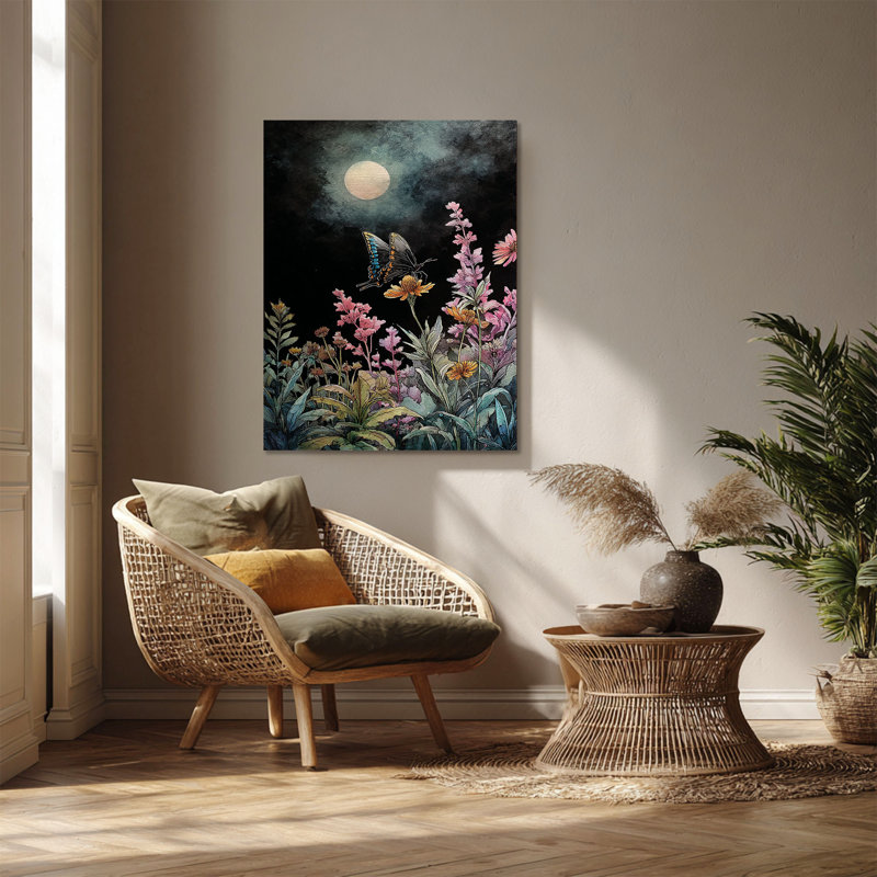 «Swallowtail Butterfly on Wildflowers Under Full Moon» - Art mural sur toile tendue - Décoration de salon, de chambre à coucher ou de bureau