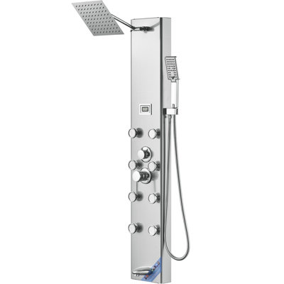 Shower Panel System, 5 Shower Modes, Digital Display Shower Panel Tower, Rainfall, 8 Massage Jets, Tub Spout, 3-Setting Handheld Shower Head 59" Hose, Stainless Steel Wall-Mounted Shower Set