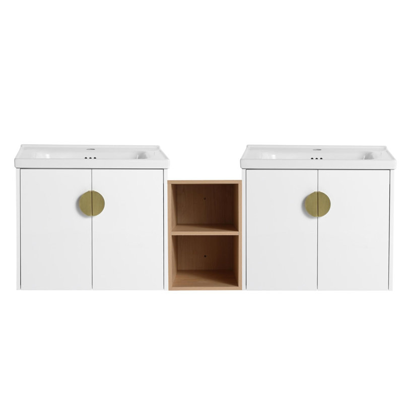 Meuble-lavabo double 59 po avec plateau en céramique Pujan, Blanc