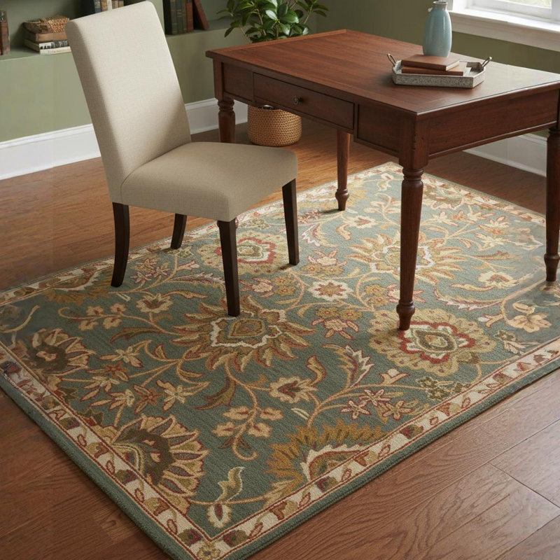 Tapis bleu palmier en laine touffeté à la main Bartz, Rectangle 5 pi x 7 pi