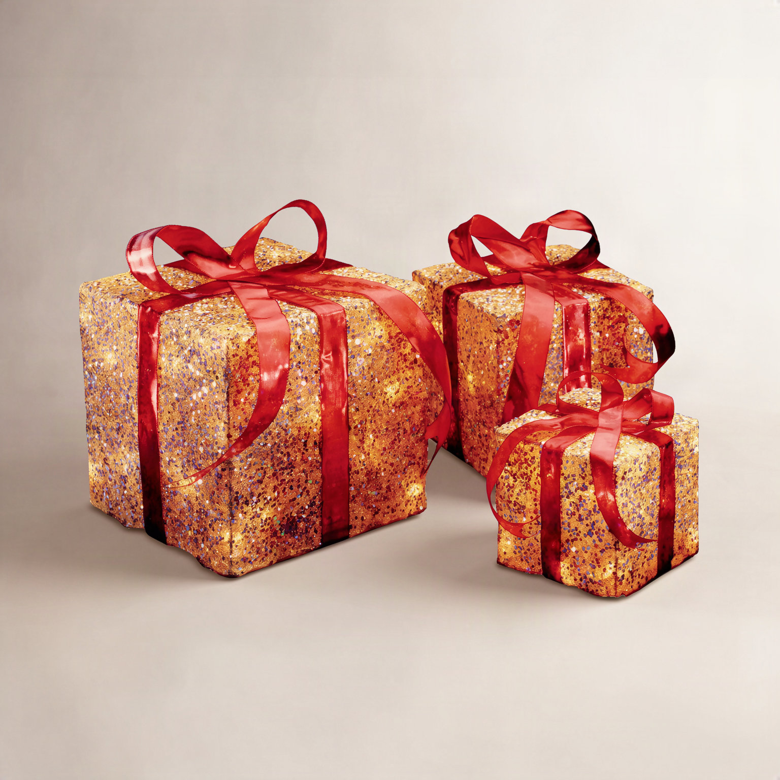 Pre-Lit Sisal Gift Box Set, Gold with Red Bows, 10.6" H x 10" W x 10" D