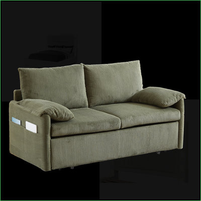 Sofas | 64.5 Inch 3-in-1 Sleeper Sofa Bed with 2 Pillows &amp; Side Pockets, Sage Green Corduroy | Living Room Bedroom Apartment