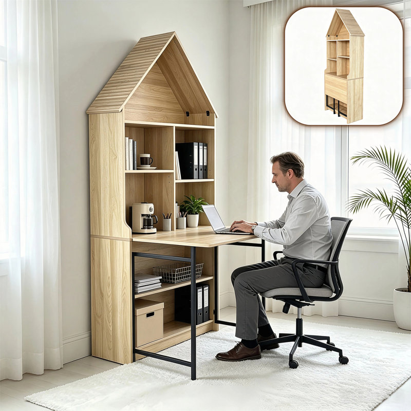 Bureau escamotable pliable avec tablettes de rangement et structure en fer