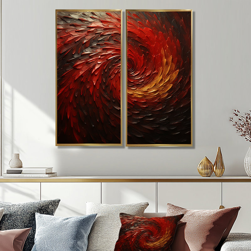 Red Whimsical Whirl Spiral - Abstract Spirals, art mural, H 40 po x l 40 po, Impression encadrée flottante, Doré