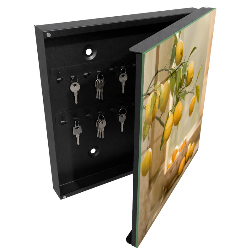 Key cabinet for wall, Opens to the right, 30x30x5, Black, Lemons on a branch in the sun's rays, 