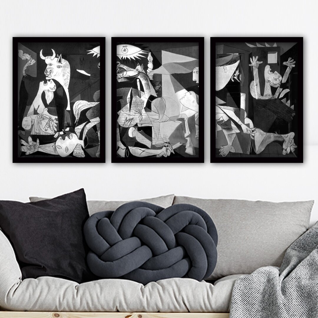 3-tlg. Gerahmtes Holzbilder-Set - Grafikdruck „Guernica” von Pablo Picasso