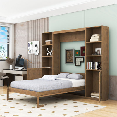 Grand lit escamotable en bois avec tablettes et armoires intégrées