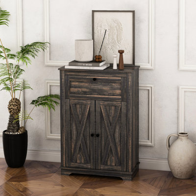Dark Brown Storage Cabinet With Look, Double Doors, Drawer, Adjustable Shelf Cabinet, Appearance. Shelf. For Bedroom, Living Room. Tipping. 23.5"W 11.75"D 34.5"H