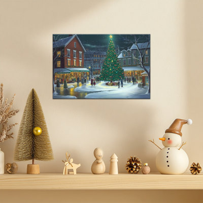 Art de toile de Noël village de Noël, peinture d'arbre de vacances, œuvre d'art festive rétro, impressions sur toile de Noël pour décorations de chambre à coucher de salon à la maison, 12 po x 16 po