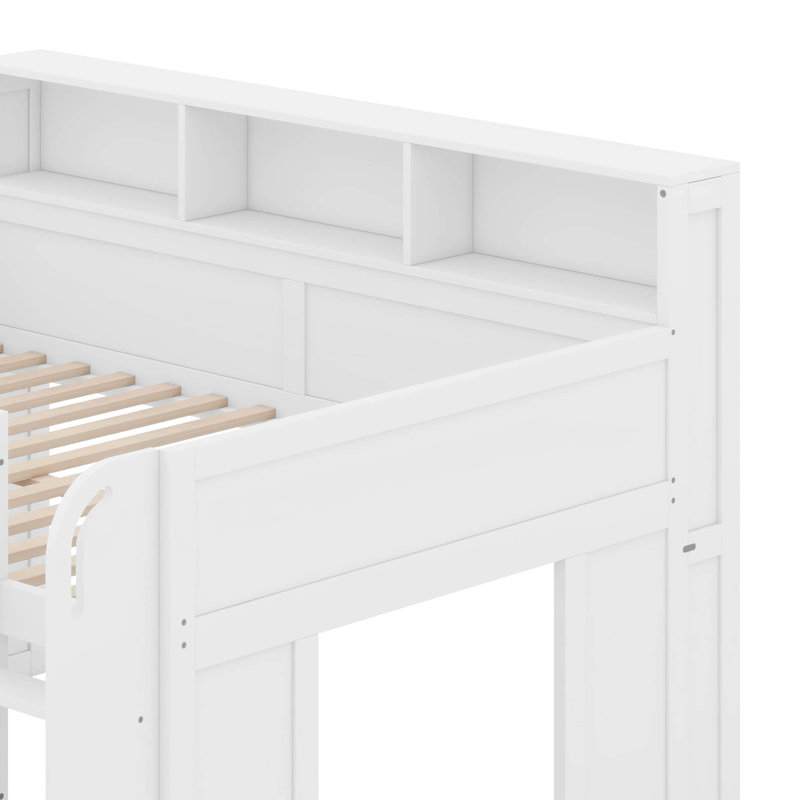 Designs Full Size Loft Bed With Desk, Wood Loft Bed Frame With Storage Shelves, LED Light, White