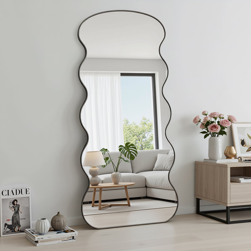 Irregular Wavy Metal Oversized Full-length Mirror, Black, 71" x 28"