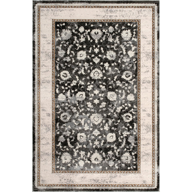  Tapis de chambre à coucher avec bordure traditionnelle 4 pi x 6 pi | Ivoire gris foncé, Rectangle 4pi x 6 pi