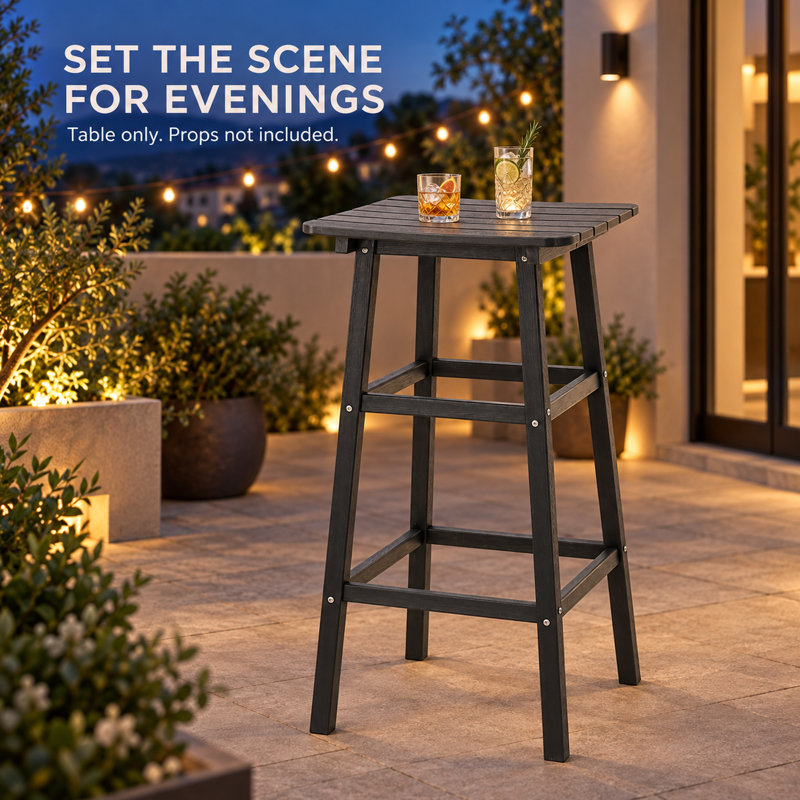 Outdoor Bar Table 42 Inch, Square Wood Look Patio Pub Table, Bar Height, Sturdy Splayed Legs with Upper & Lower Crossbars, Black Matte Finish for Balcony Patio Garden