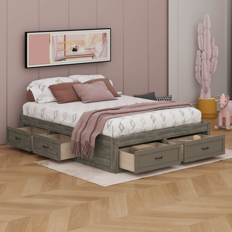 Lit plateforme avec 6 tiroirs de rangement, Gris antique, Lit double