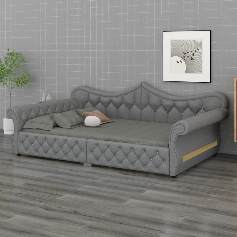 Modern Upholstered Daybed with LED and Nail Head Detailing, Gray