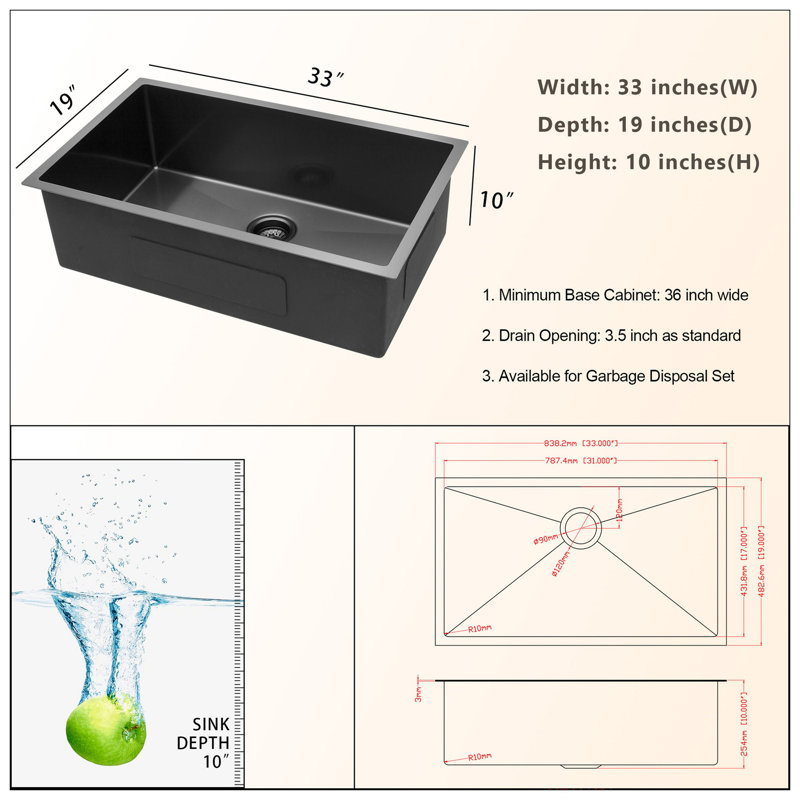 33" Gunmetal Black Kitchen Sink - 33"X 19"X 10" Undermount Singel Bowl Kitchen Basin 16 Gauge Stainless Steel With 10 Inch Deep