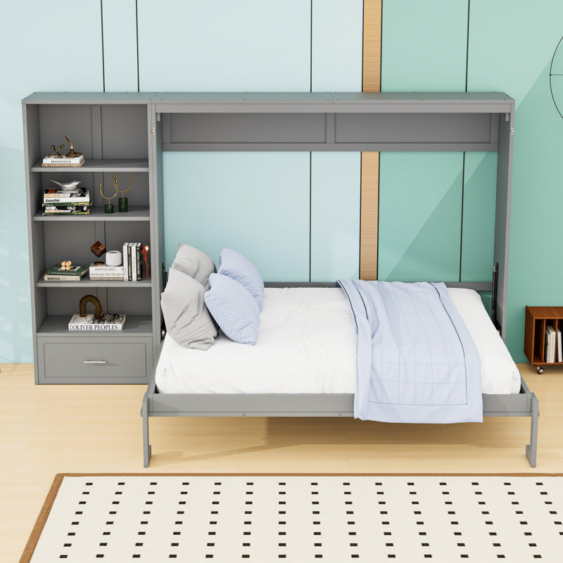 Grand lit escamotable en bois avec compartiments de rangement réglables, tiroir et tablette, Gris