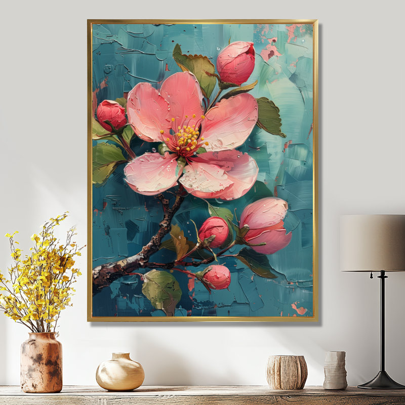 Rose, bleu, éclatant, fleur de pommier, Cadre flottant doré, H 16 po x l 32 po
