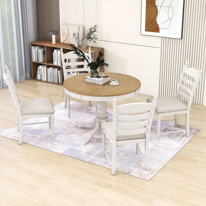 Daylyn Retro 5-Piece Dining Set, Wood Dining Table with Movable Leaf and Ladder Back Chairs, Light Brown
