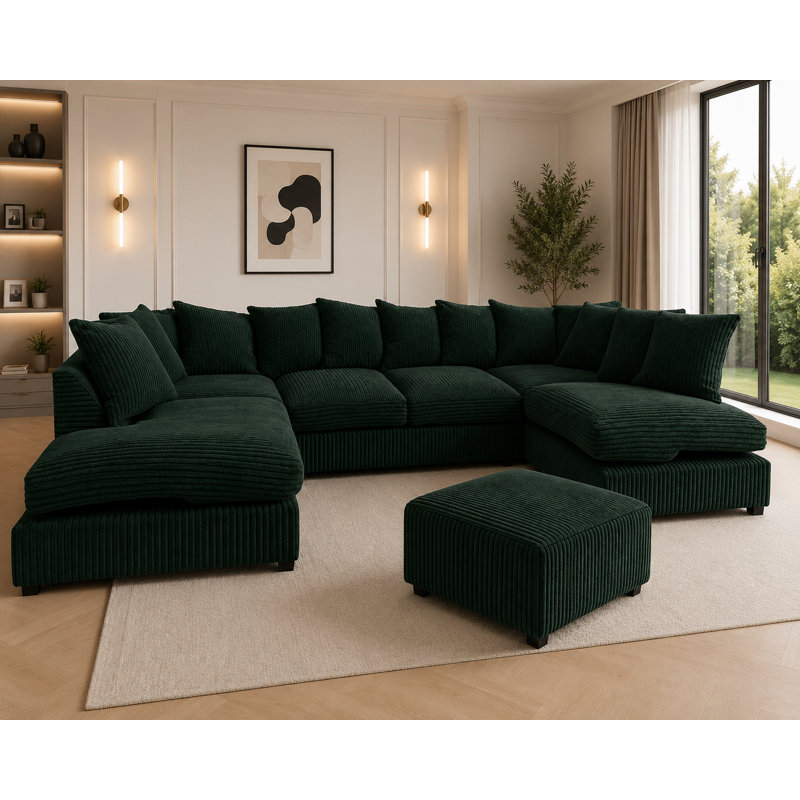 5 Seater Corduroy Corner Sofa , Forest Green