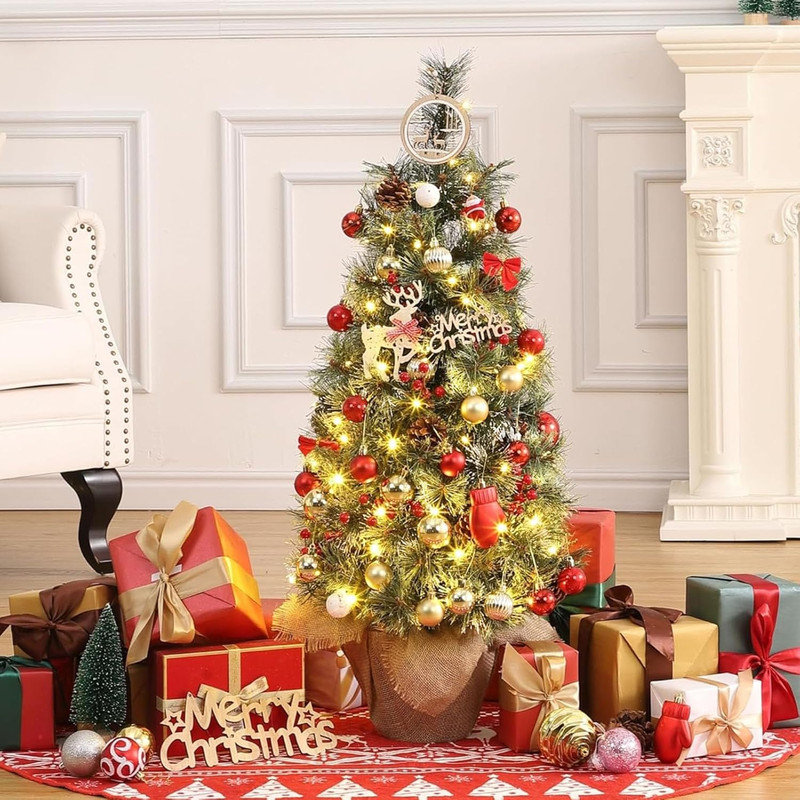 Arbre de Noël illuminé enneigé 2 pièces 3PC avec 78 lumières DEL, baies de pommes de pin et base en toile de jute