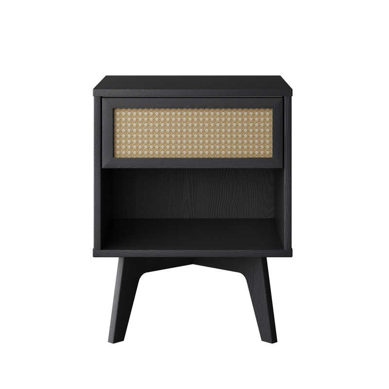 Nightstand Boho Bedside Table With Rattan Drawer