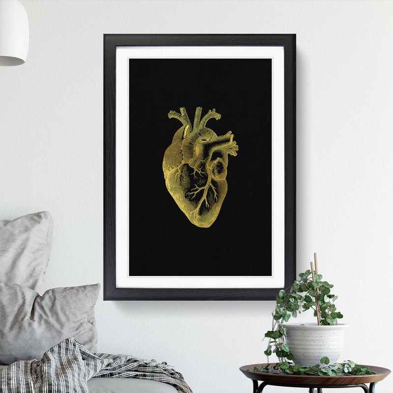 Black Gold Anatomical Heart - Picture Frame Graphic Art, Black, 48cm H x 36cm W x 2cm D