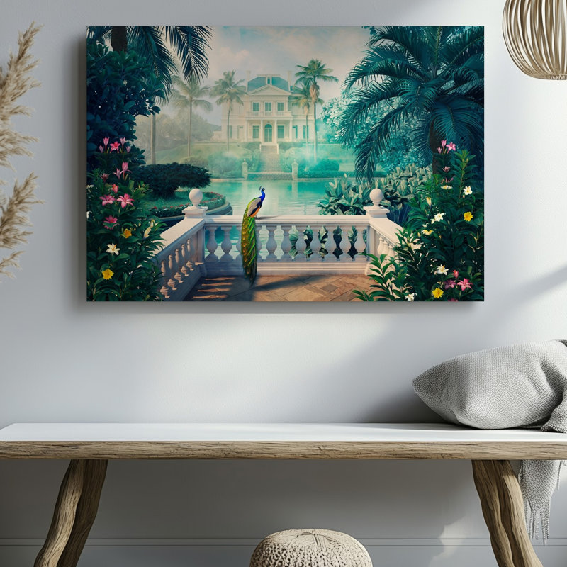 Toile, "Un paysage tropical serein avec un paon majestueux perché sur un mur", H 9 po x l 12 po